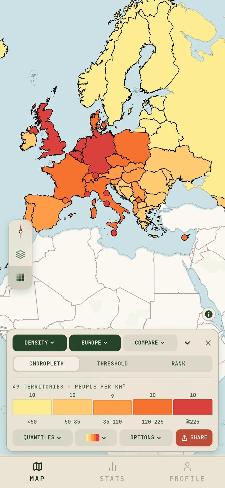 GoUnique Data Map: Europe coloured by people per km², yellow to red