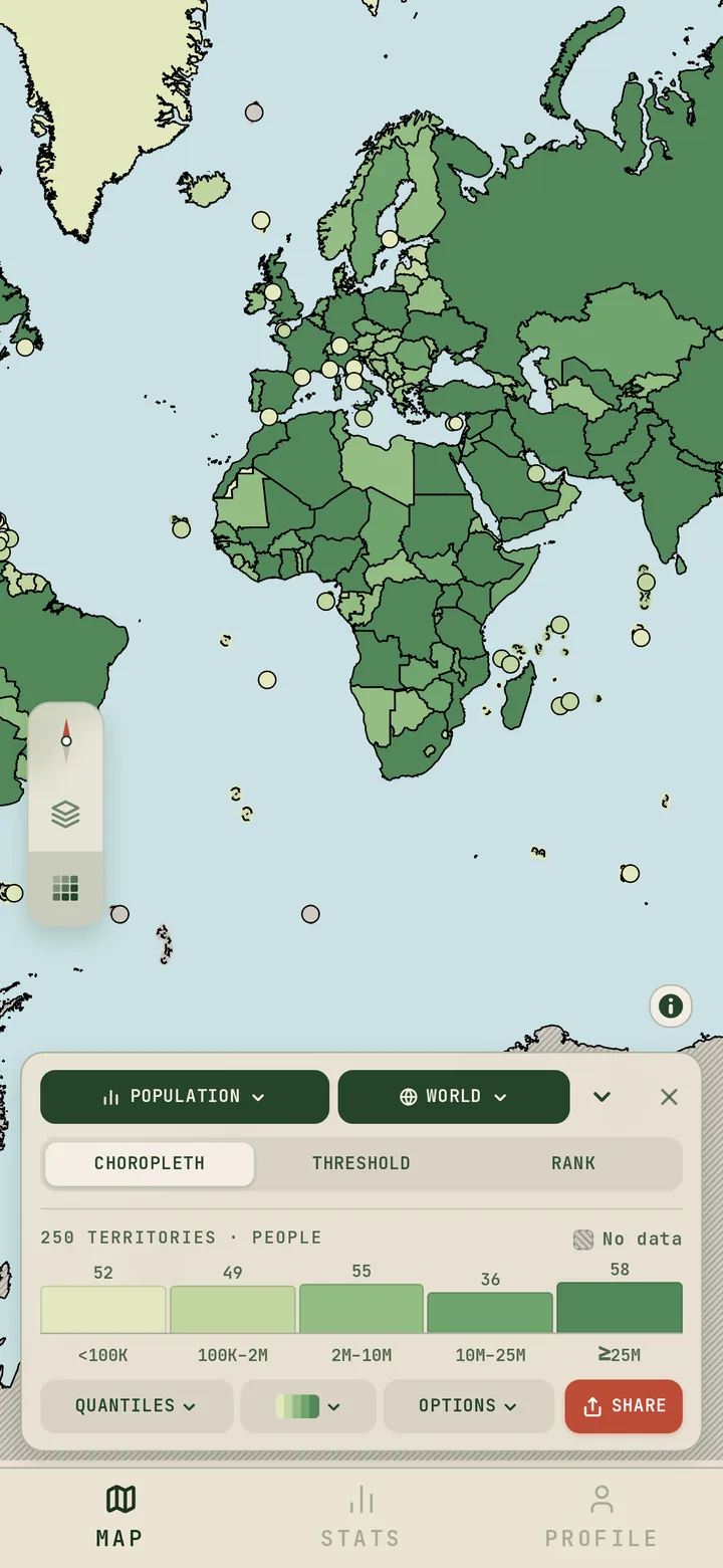 GoUnique Data Map: the world coloured by population
