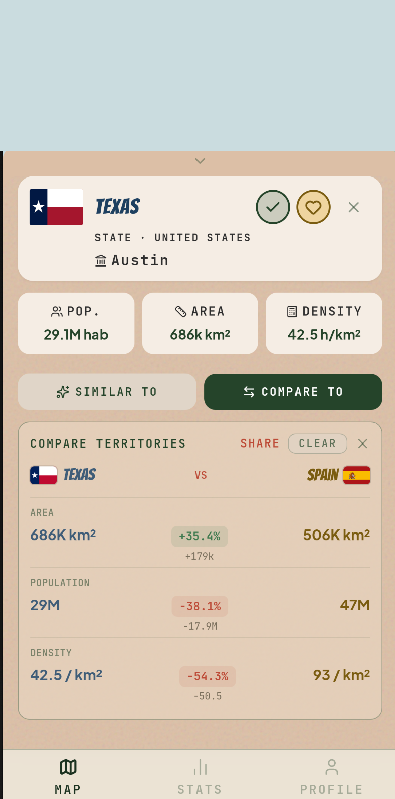 GoUnique comparison of Texas and Spain by area, population, and density