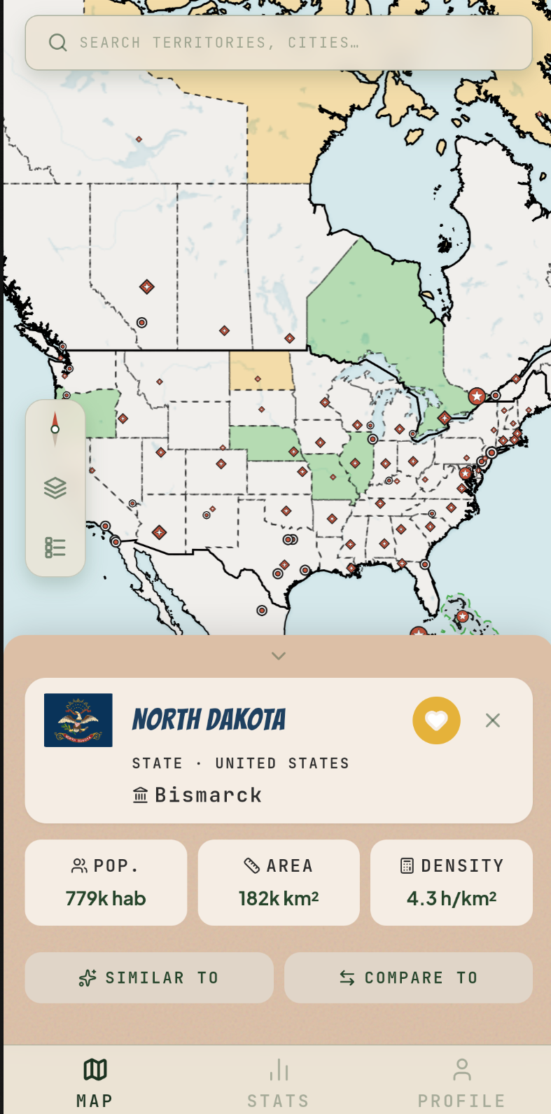 North Dakota state sheet with emblem, capital, and stats on the GoUnique map
