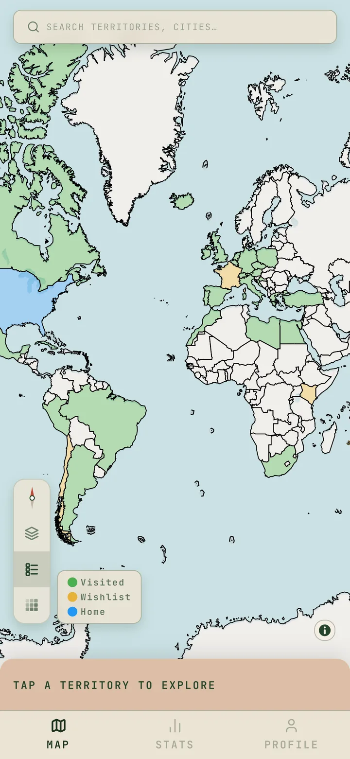 A traveller's world map with visited, wishlist and home countries